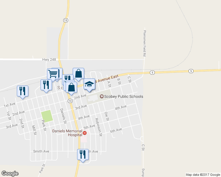 map of restaurants, bars, coffee shops, grocery stores, and more near 502 2nd Avenue West in Scobey