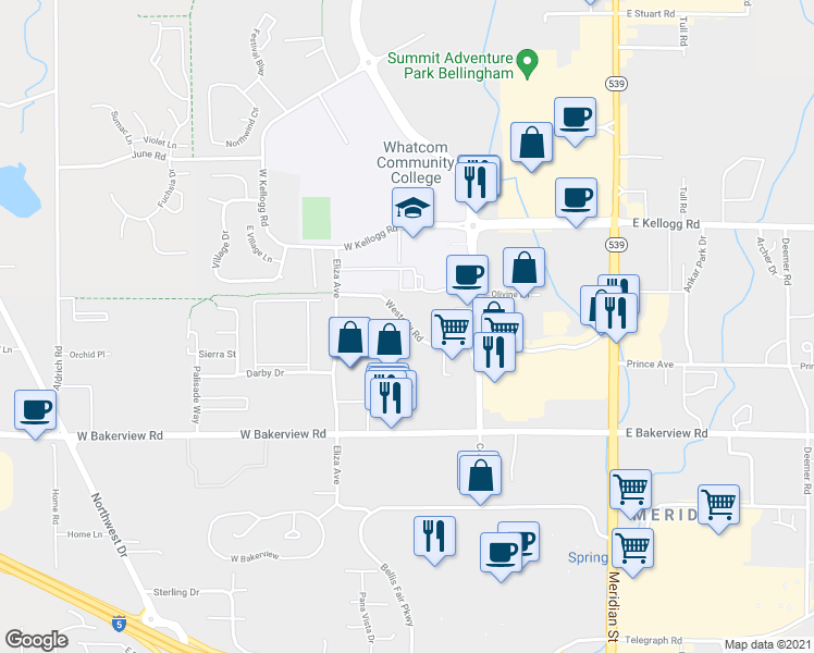 map of restaurants, bars, coffee shops, grocery stores, and more near 455 Westerly Road in Bellingham
