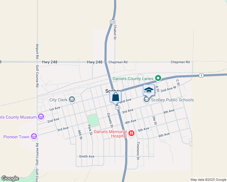 map of restaurants, bars, coffee shops, grocery stores, and more near 60 Airport Road in Scobey