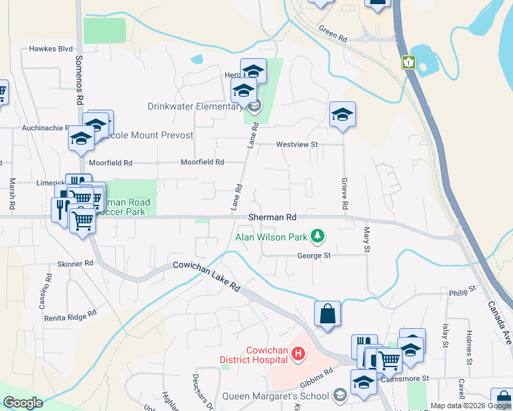 map of restaurants, bars, coffee shops, grocery stores, and more near in Duncan