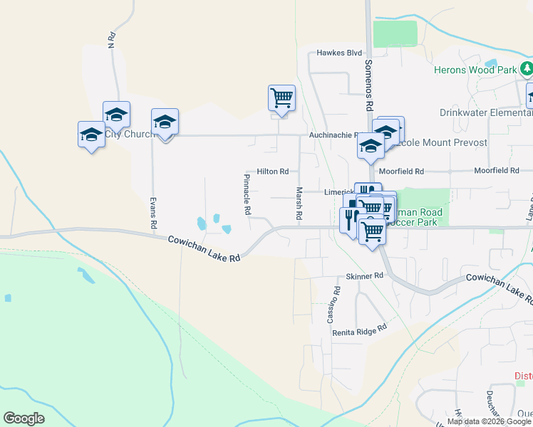 map of restaurants, bars, coffee shops, grocery stores, and more near 6109 Westridge Road in Duncan