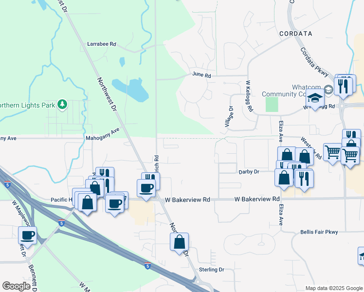 map of restaurants, bars, coffee shops, grocery stores, and more near 4204 Aldrich Road in Bellingham