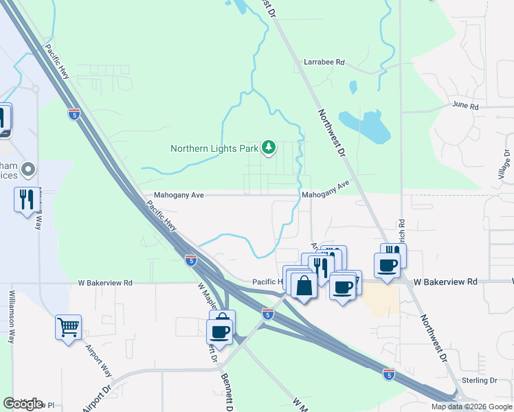 map of restaurants, bars, coffee shops, grocery stores, and more near 4201 Melrose Lane in Bellingham