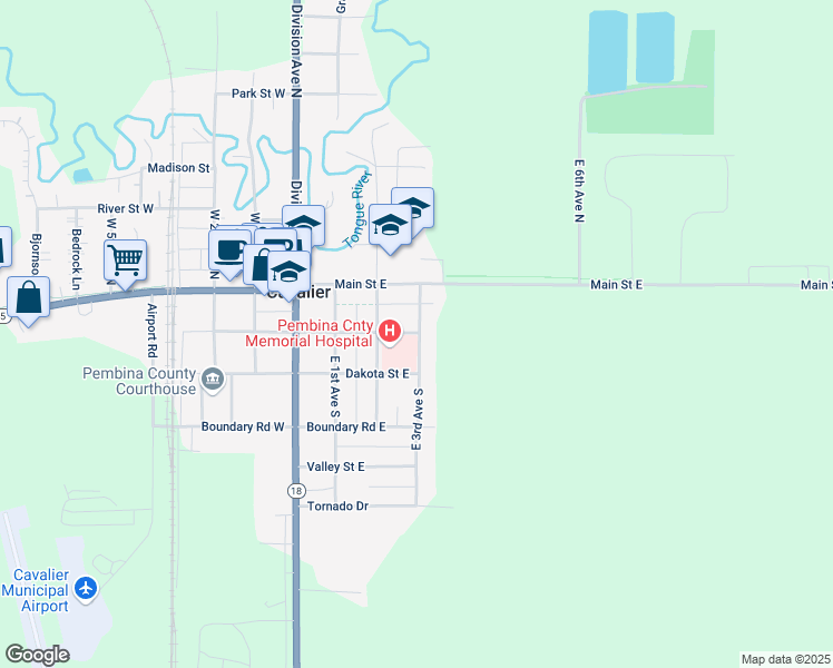map of restaurants, bars, coffee shops, grocery stores, and more near 198 E 2nd Ave S in Cavalier