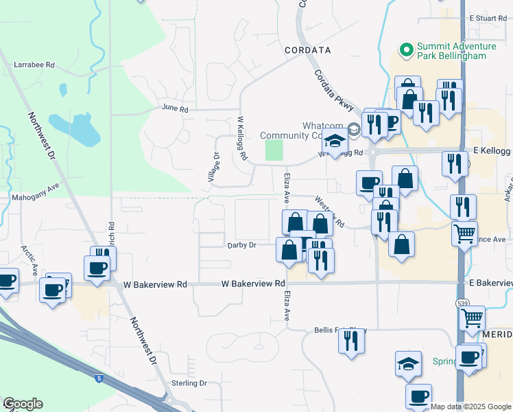 map of restaurants, bars, coffee shops, grocery stores, and more near 4315 Village Drive in Bellingham