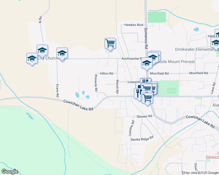 map of restaurants, bars, coffee shops, grocery stores, and more near 6124 Marsh Road in Duncan