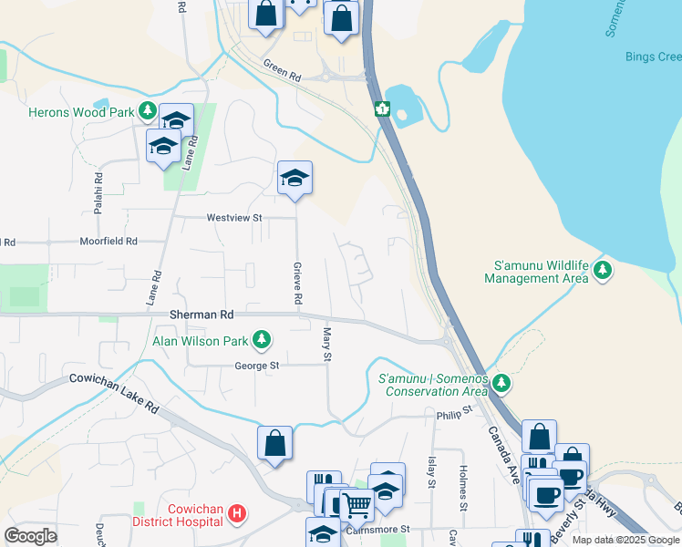 map of restaurants, bars, coffee shops, grocery stores, and more near 6130 Sayward Road in Duncan