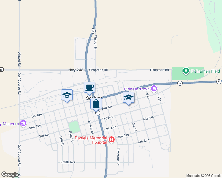 map of restaurants, bars, coffee shops, grocery stores, and more near 3 Robinson Street in Scobey