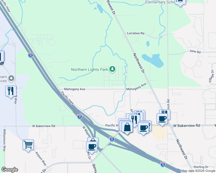 map of restaurants, bars, coffee shops, grocery stores, and more near 4201 Melrose Lane in Bellingham