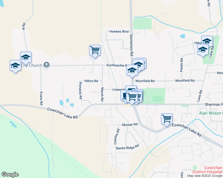 map of restaurants, bars, coffee shops, grocery stores, and more near 3349 Limerick Road in Duncan