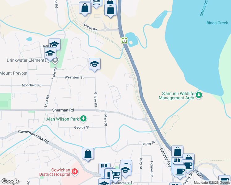 map of restaurants, bars, coffee shops, grocery stores, and more near 6111 Sayward Road in Duncan