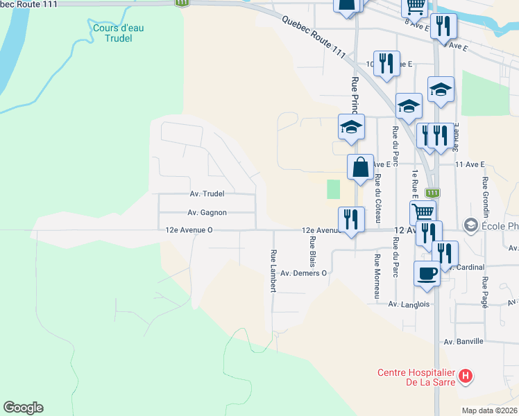 map of restaurants, bars, coffee shops, grocery stores, and more near 133 Rue Saulnier in La Sarre
