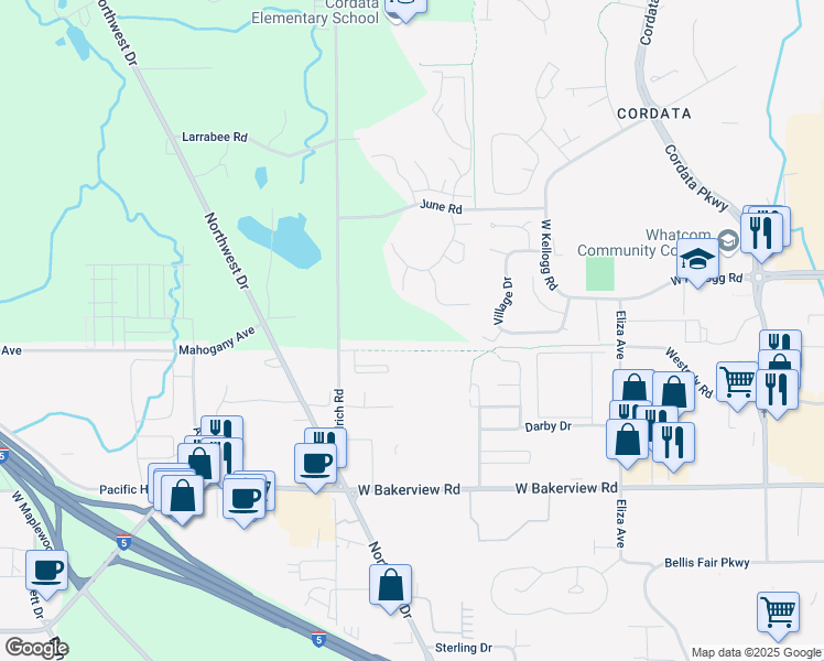 map of restaurants, bars, coffee shops, grocery stores, and more near 4204 Aldrich Road in Bellingham