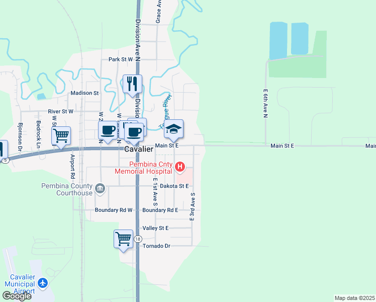 map of restaurants, bars, coffee shops, grocery stores, and more near 100-198 E 2nd Ave S in Cavalier