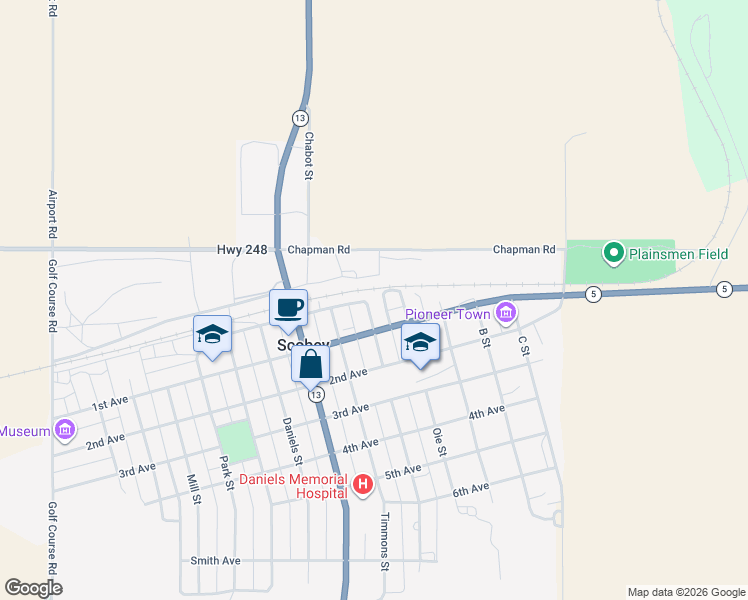 map of restaurants, bars, coffee shops, grocery stores, and more near 3 Robinson Street in Scobey