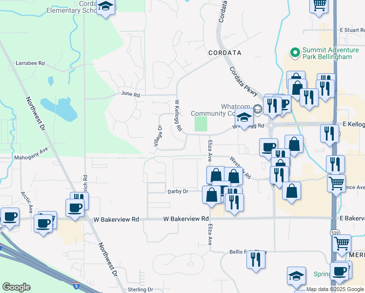 map of restaurants, bars, coffee shops, grocery stores, and more near 4315 Village Drive in Bellingham
