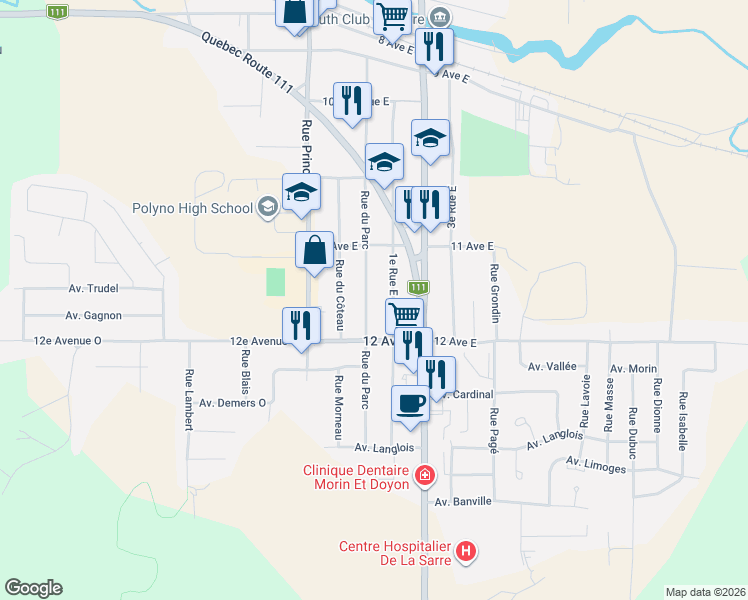 map of restaurants, bars, coffee shops, grocery stores, and more near 569 Rue du Parc in La Sarre