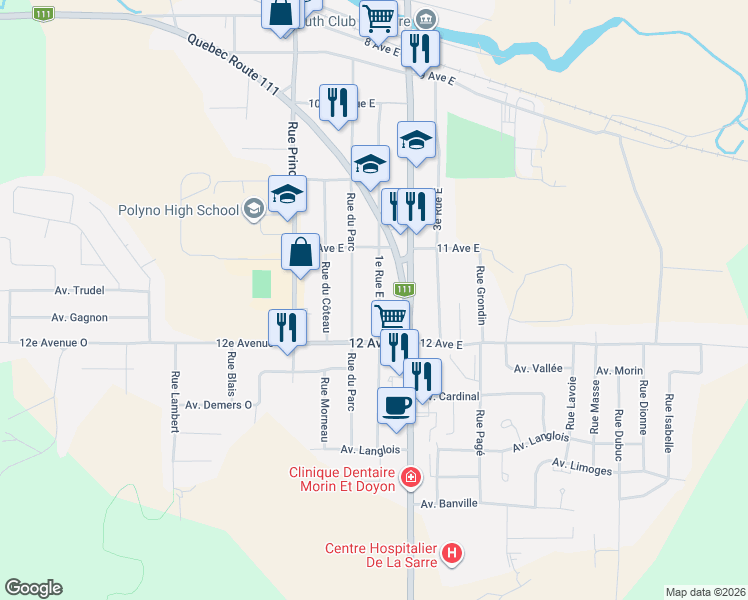 map of restaurants, bars, coffee shops, grocery stores, and more near 568 1e Rue Est in La Sarre