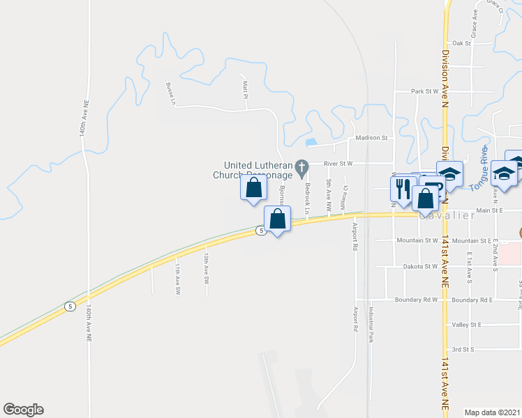 map of restaurants, bars, coffee shops, grocery stores, and more near 804 Main Street West in Cavalier