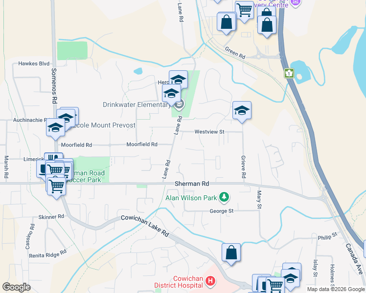 map of restaurants, bars, coffee shops, grocery stores, and more near 3072 Westview Street in Duncan