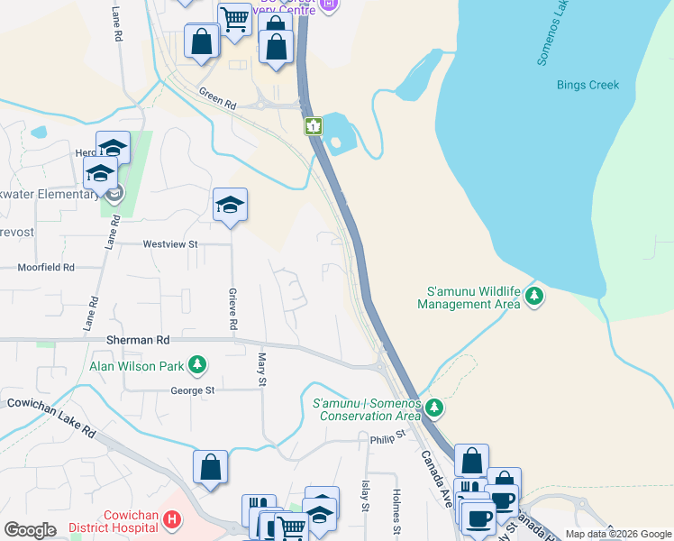 map of restaurants, bars, coffee shops, grocery stores, and more near 6172 Alington Road in Duncan