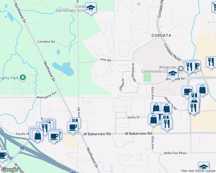map of restaurants, bars, coffee shops, grocery stores, and more near 712 Fuchsia Loop in Bellingham