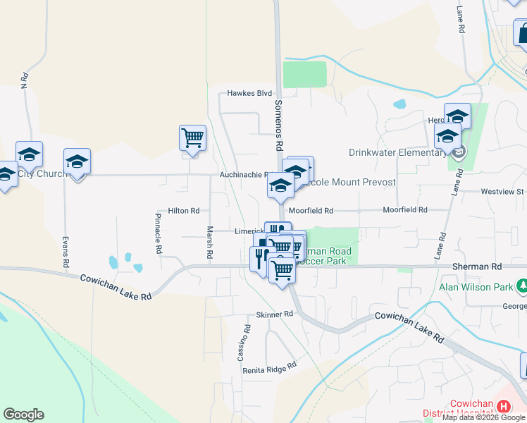 map of restaurants, bars, coffee shops, grocery stores, and more near in Duncan