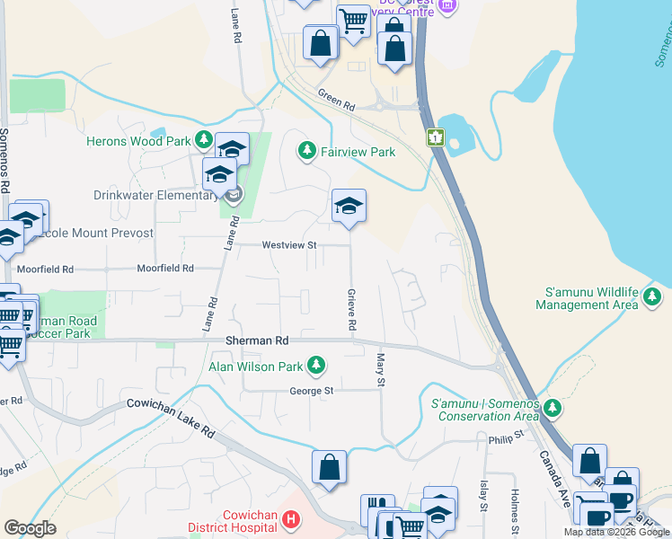map of restaurants, bars, coffee shops, grocery stores, and more near 6182 Grieve Road in Duncan