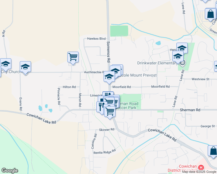 map of restaurants, bars, coffee shops, grocery stores, and more near 6178 Somenos Road in Duncan