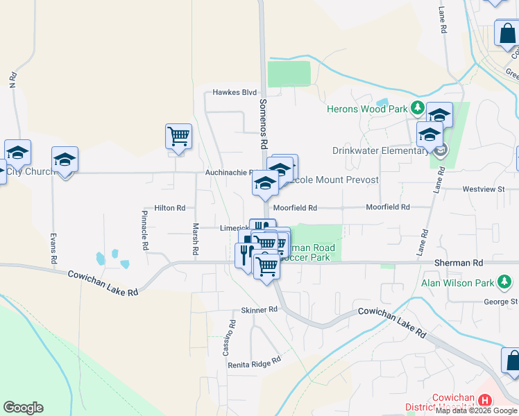 map of restaurants, bars, coffee shops, grocery stores, and more near 6158 Somenos Road in Duncan