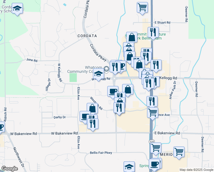 map of restaurants, bars, coffee shops, grocery stores, and more near 231 West Kellogg Road in Bellingham