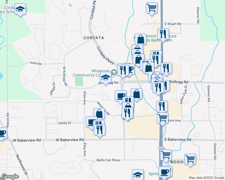 map of restaurants, bars, coffee shops, grocery stores, and more near 231 West Kellogg Road in Bellingham