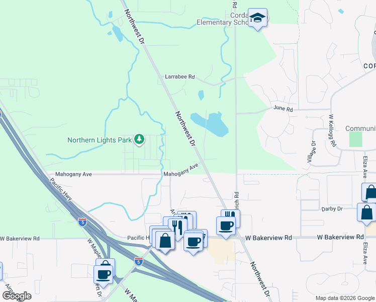 map of restaurants, bars, coffee shops, grocery stores, and more near 4241 Northwest Drive in Bellingham