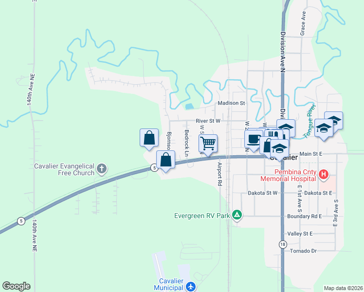 map of restaurants, bars, coffee shops, grocery stores, and more near 206 Bjornson Drive in Cavalier
