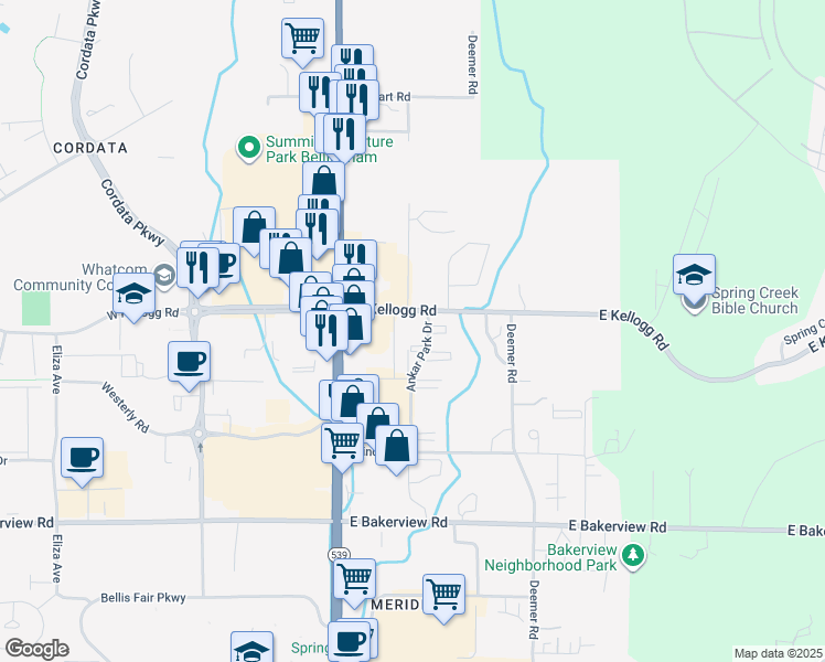 map of restaurants, bars, coffee shops, grocery stores, and more near 155 East Kellogg Road in Bellingham