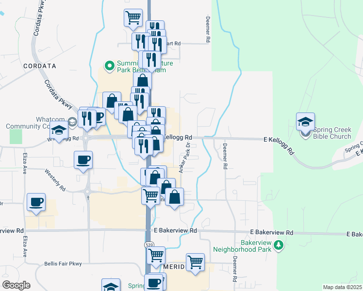 map of restaurants, bars, coffee shops, grocery stores, and more near 155 East Kellogg Road in Bellingham