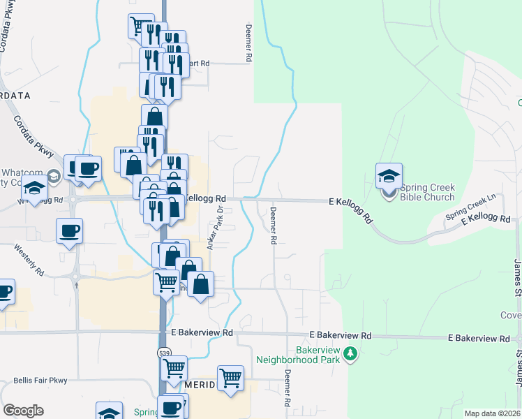 map of restaurants, bars, coffee shops, grocery stores, and more near 4242 Spring Court in Bellingham