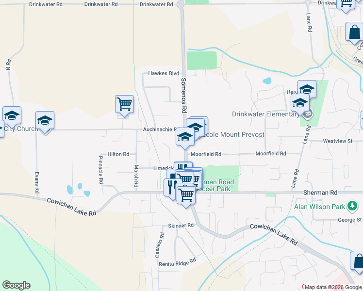 map of restaurants, bars, coffee shops, grocery stores, and more near 6178 Somenos Road in Duncan