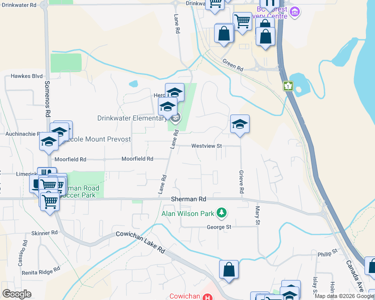 map of restaurants, bars, coffee shops, grocery stores, and more near 3072 Westview Street in Duncan