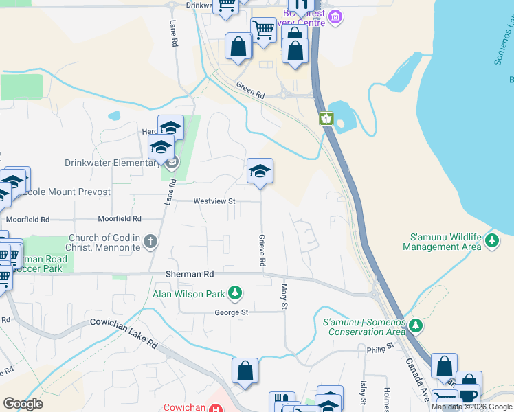 map of restaurants, bars, coffee shops, grocery stores, and more near 6182 Grieve Road in Duncan