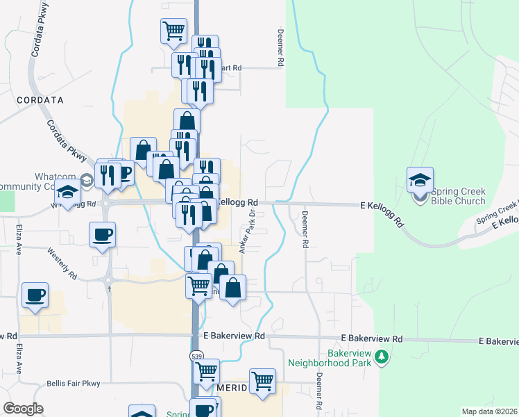 map of restaurants, bars, coffee shops, grocery stores, and more near 155 East Kellogg Road in Bellingham