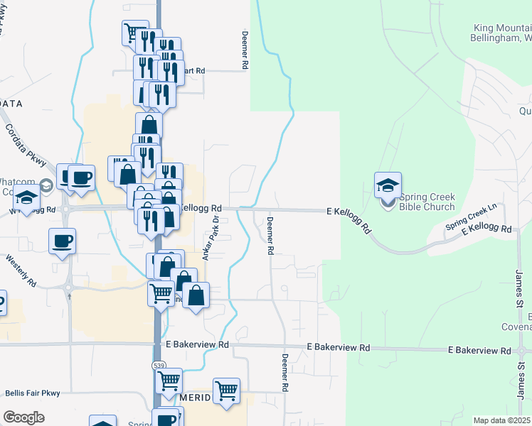 map of restaurants, bars, coffee shops, grocery stores, and more near 4242 Spring Court in Bellingham