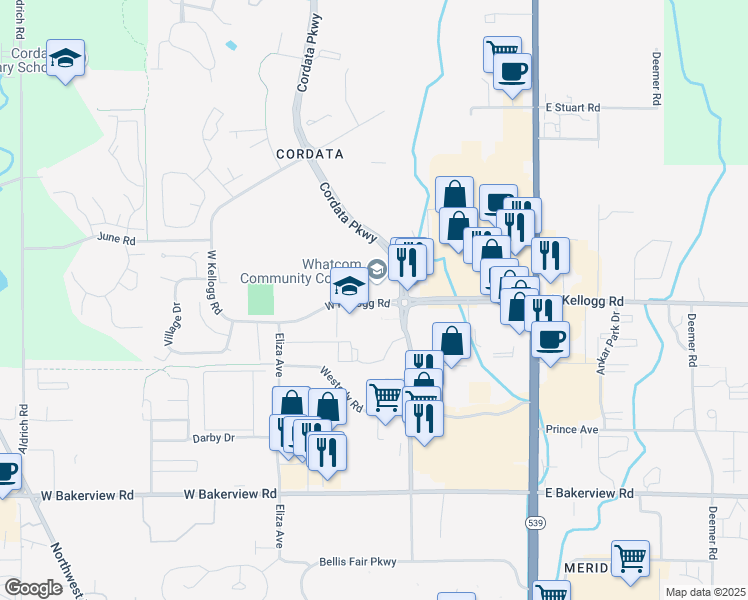 map of restaurants, bars, coffee shops, grocery stores, and more near West Kellogg Road in Bellingham