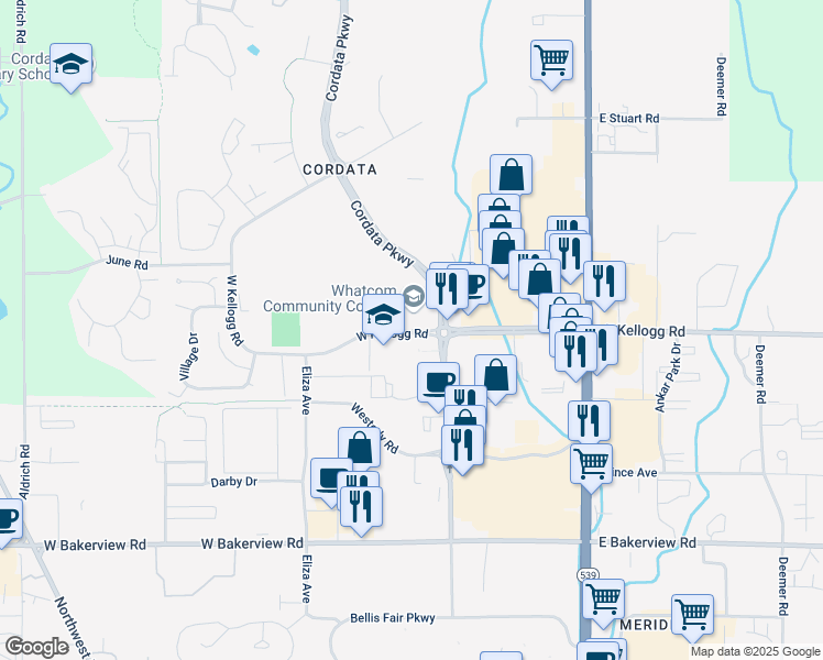 map of restaurants, bars, coffee shops, grocery stores, and more near West Kellogg Road in Bellingham