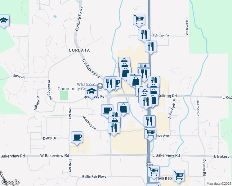 map of restaurants, bars, coffee shops, grocery stores, and more near 4252 Cordata Parkway in Bellingham