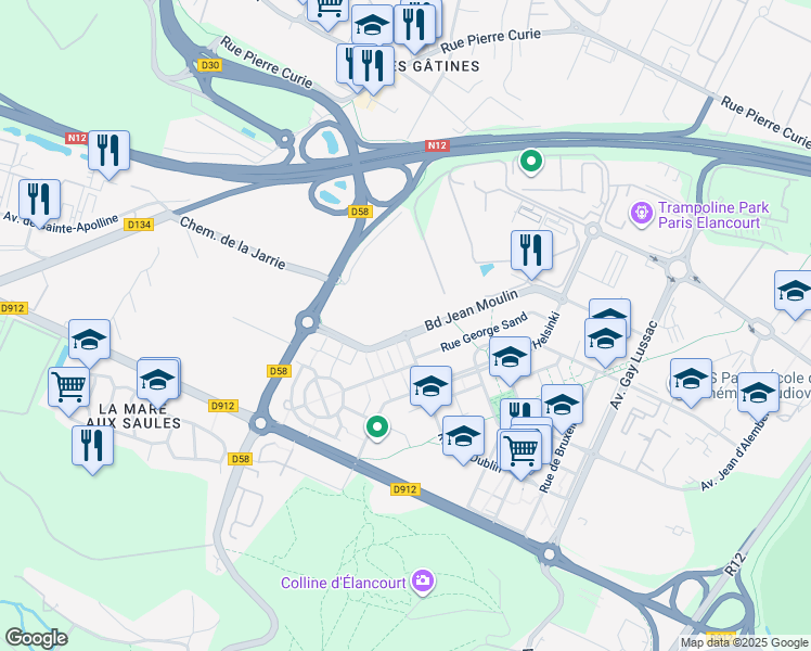 map of restaurants, bars, coffee shops, grocery stores, and more near 3 Boulevard Jean Moulin in Élancourt