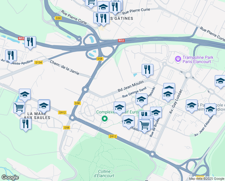 map of restaurants, bars, coffee shops, grocery stores, and more near 3 Boulevard Jean Moulin in Élancourt