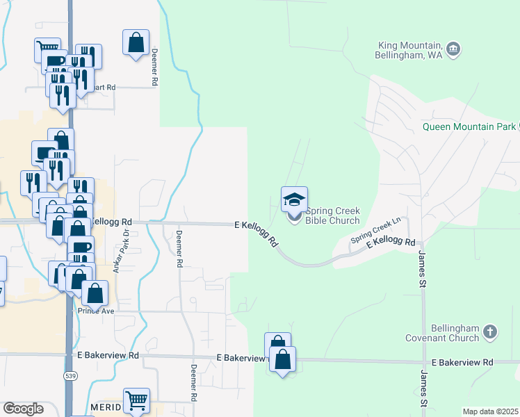 map of restaurants, bars, coffee shops, grocery stores, and more near 541 East Kellogg Road in Bellingham