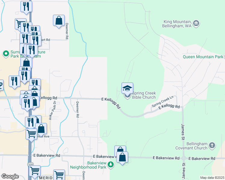 map of restaurants, bars, coffee shops, grocery stores, and more near 545 East Kellogg Road in Bellingham