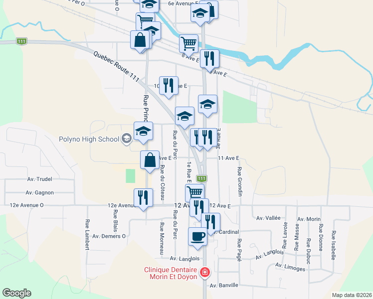 map of restaurants, bars, coffee shops, grocery stores, and more near 510 1e Rue Est in La Sarre